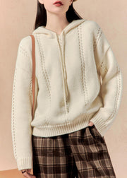 Simple White Hooded Hollow Out Knit Sweater Winter