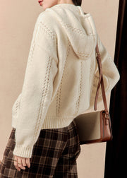 Simple White Hooded Hollow Out Knit Sweater Winter