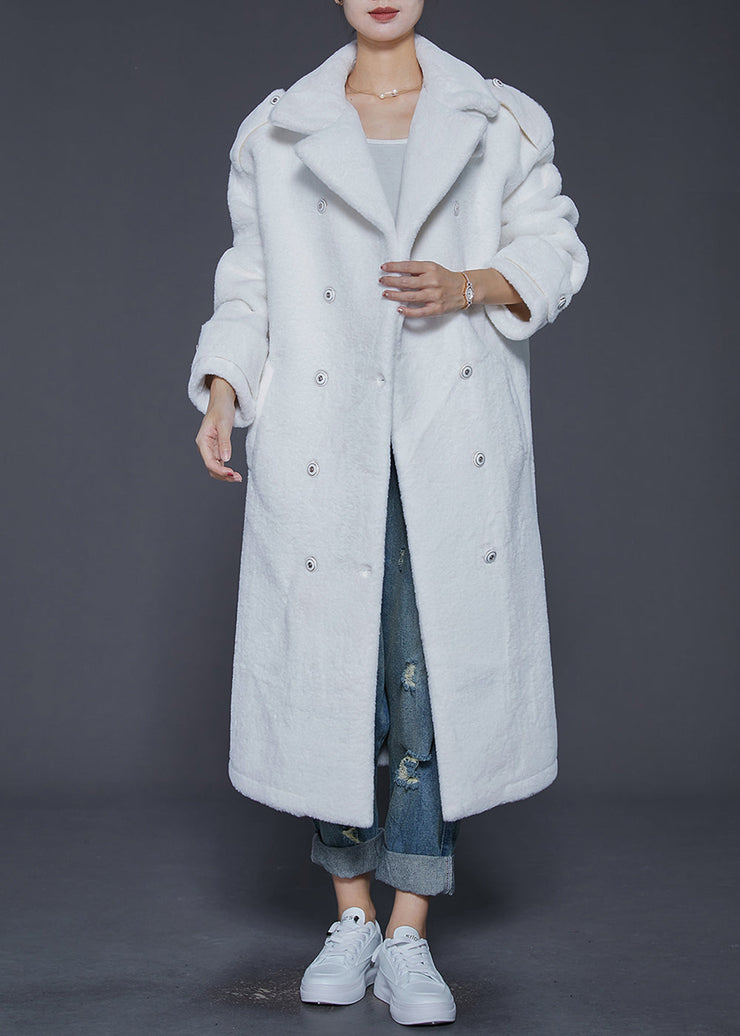 Simple White Lapel Double Breast Warm Faux Fur Coats Winter