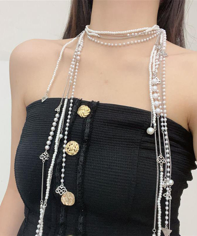 Simple White Metal Pearl Tassel Multilayer Gratuated Bead Necklace