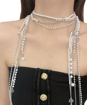 Simple White Metal Pearl Tassel Multilayer Gratuated Bead Necklace