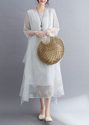 Simple White O Neck Embroideried Patchwork Chiffon Dresses Summer