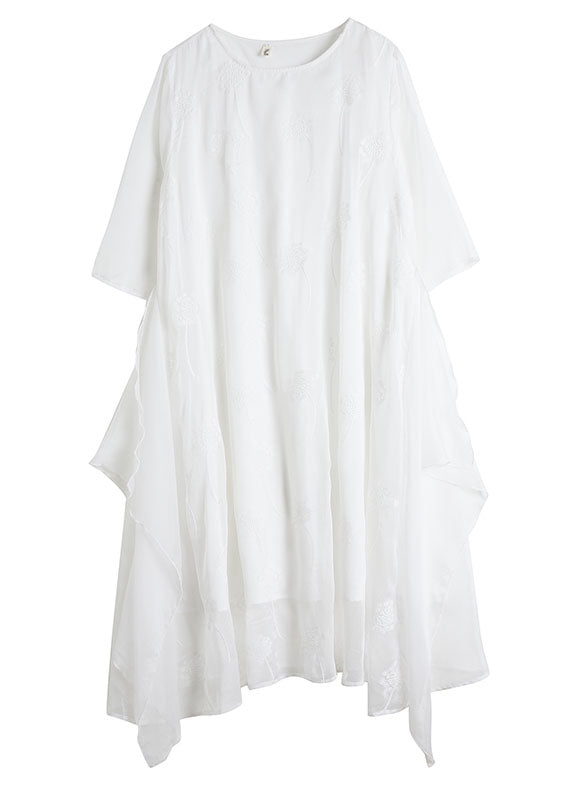 Simple White O Neck Embroideried Patchwork Chiffon Dresses Summer