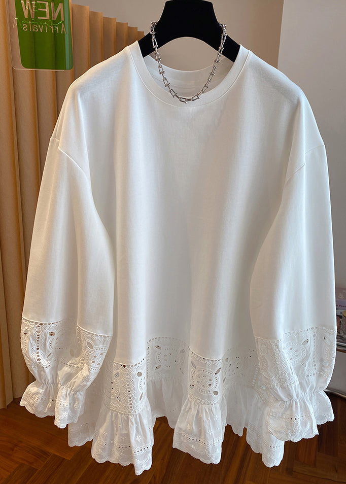 Simple White O Neck Hollow Out Lace Patchwork Cotton Top Spring