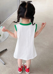 Simple White O Neck Print Cotton Girls T Shirt Dress Sleeveless