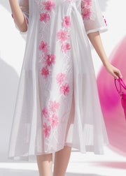 Simple White O Neck Print Plus Size Silk Dress Summer