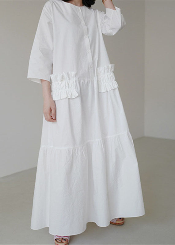 Simple White O Neck Ruffled Patchwork Cotton Dresses Summer