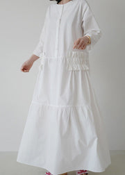 Simple White O Neck Ruffled Patchwork Cotton Dresses Summer