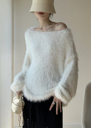 Simple White O-Neck Solid Mink Velvet Knit Sweater Winter