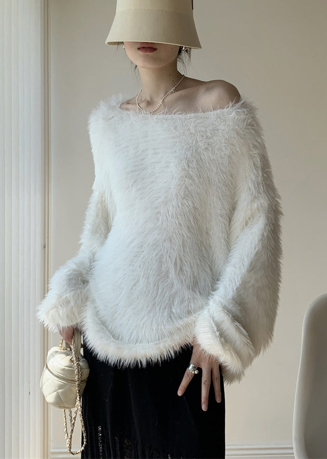 Simple White O-Neck Solid Mink Velvet Knit Sweater Spring