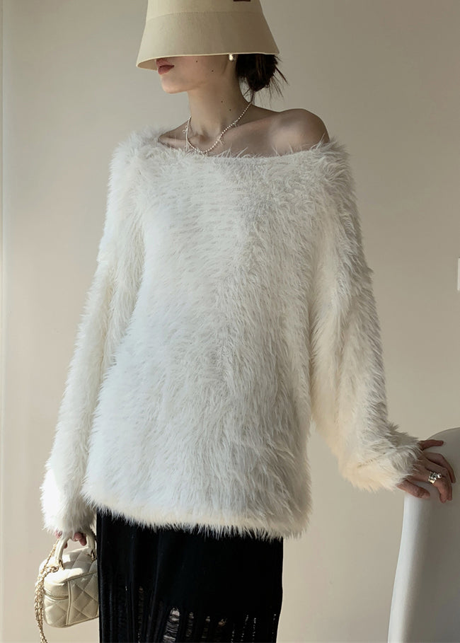 Simple White O-Neck Solid Mink Velvet Knit Sweater Spring