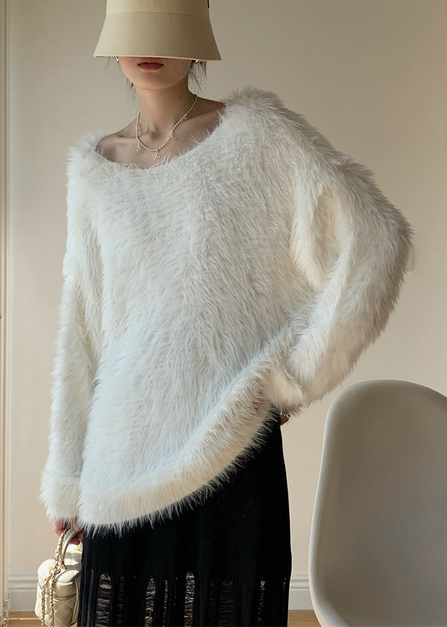 Simple White O-Neck Solid Mink Velvet Knit Sweater Spring