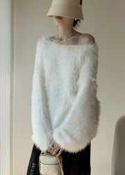 Simple White O-Neck Solid Mink Velvet Knit Sweater Spring