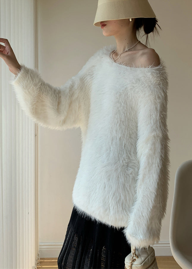 Simple White O-Neck Solid Mink Velvet Knit Sweater Spring