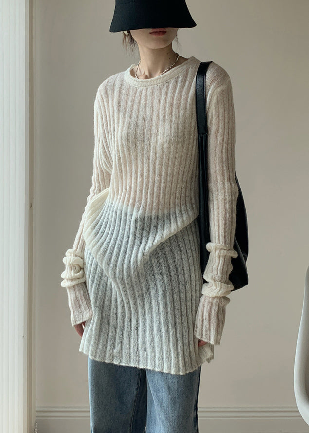 Simple White O-Neck Solid Thin Knit Sweater Dress Spring