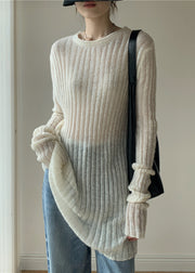 Simple White O-Neck Solid Thin Knit Sweater Dress Spring