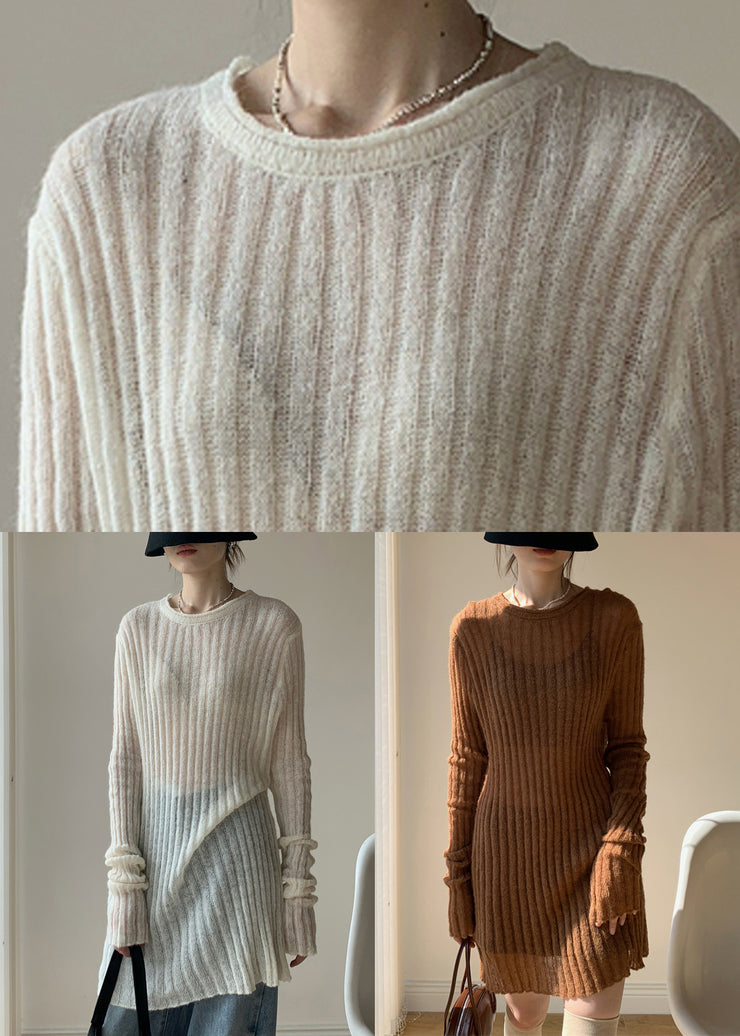 Simple White O-Neck Solid Thin Knit Sweater Dress Spring