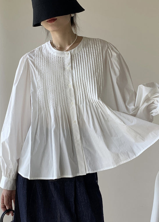 Simple White O Neck Wrinkled Patchwork Cotton Shirts Puff Sleeve