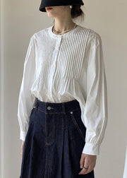 Simple White O Neck Wrinkled Patchwork Cotton Shirts Puff Sleeve