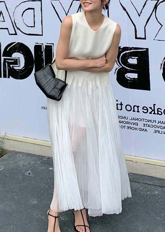 Simple White O Neck Wrinkled Silk Long Dress Sleeveless