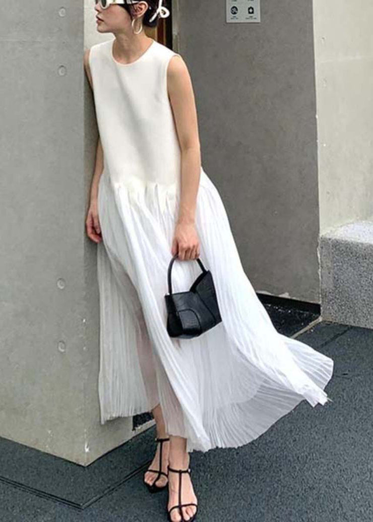 Simple White O Neck Wrinkled Silk Long Dress Sleeveless