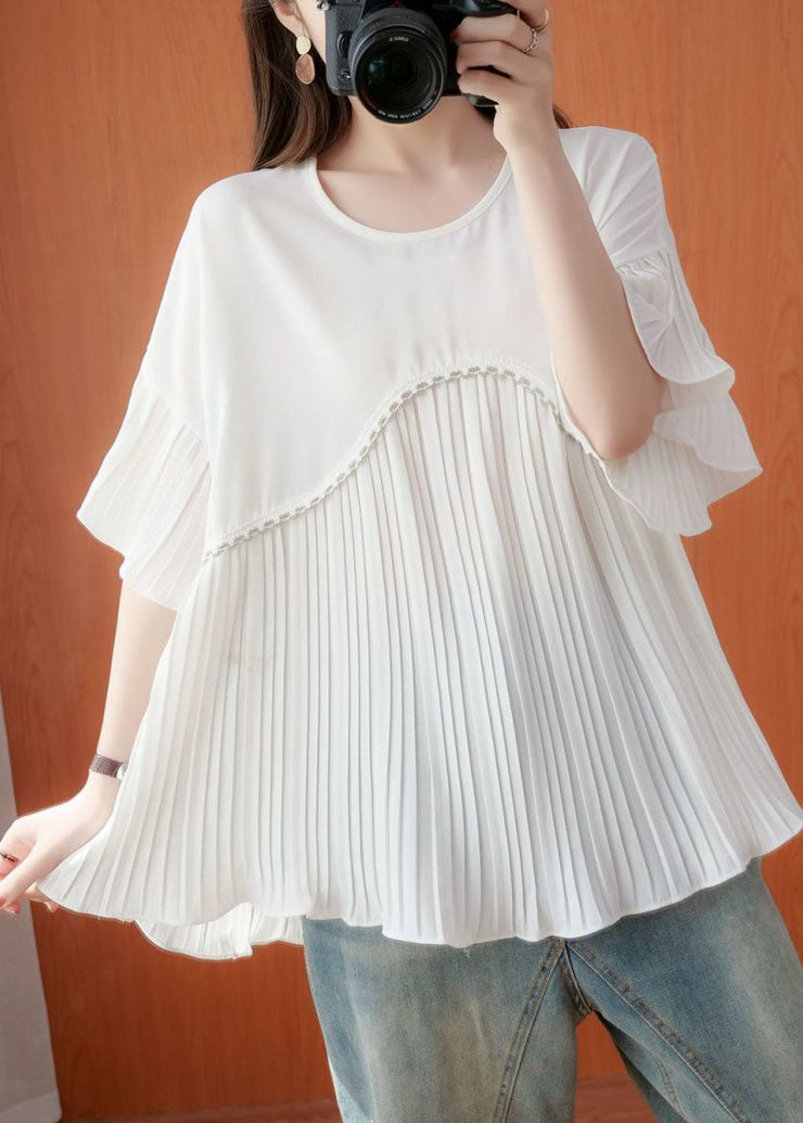 Simple White Oversized Patchwork Pleated Chiffon Top Summer