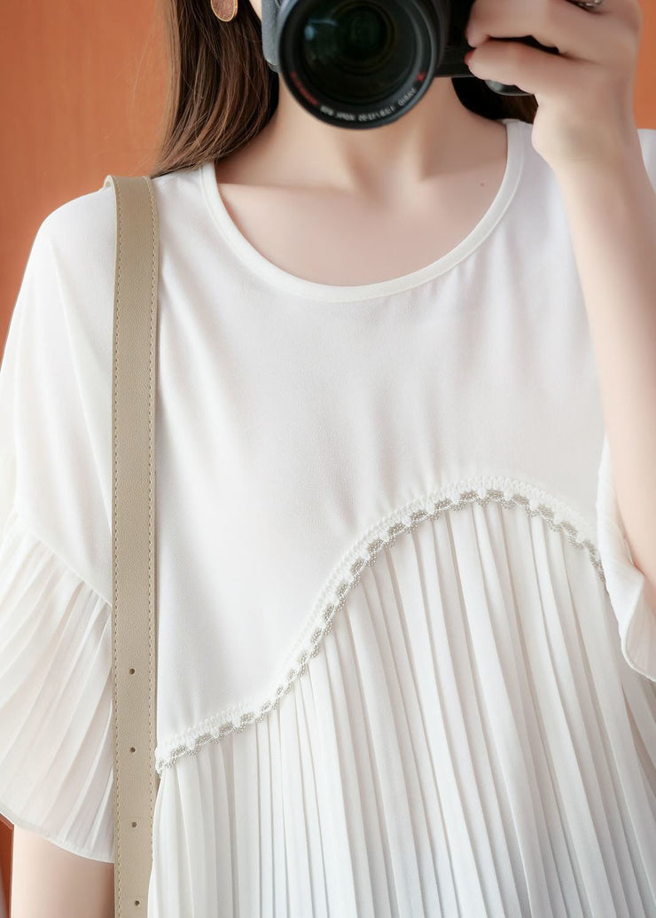 Simple White Oversized Patchwork Pleated Chiffon Top Summer