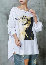 Simple White Oversized Print Cotton Blouses Spring