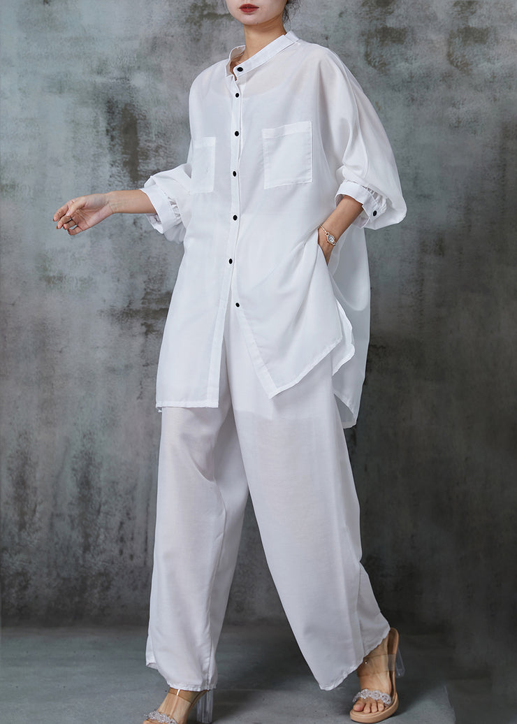 Simple White Oversized Side Open Cotton Two Pieces Set Summer