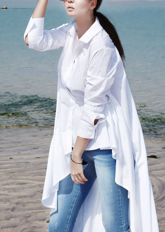 Simple White Peter Pan Collar Asymmetrical Cotton Long Shirt Spring