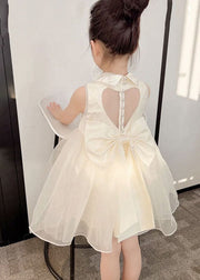 Simple White Peter Pan Collar Nail Bead Patchwork Tulle Kids Girls Dresses Sleeveless