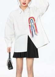 Simple White Peter Pan Collar Print Rainbow Zippered Button Cotton Shirt Puff Sleeve