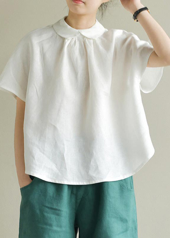 Simple White Peter Pan Collar Solid Linen Shirt Summer