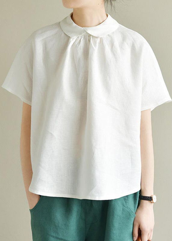 Simple White-flower Peter Pan Collar Solid Linen Shirt Summer