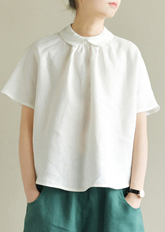 Simple green Peter Pan Collar Solid Linen Shirt Summer