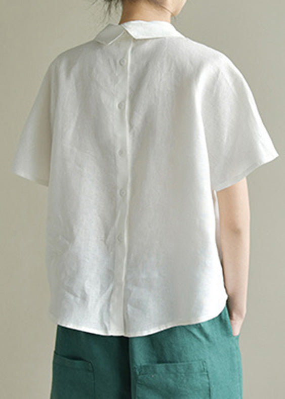 Simple White Peter Pan Collar Solid Linen Shirt Summer