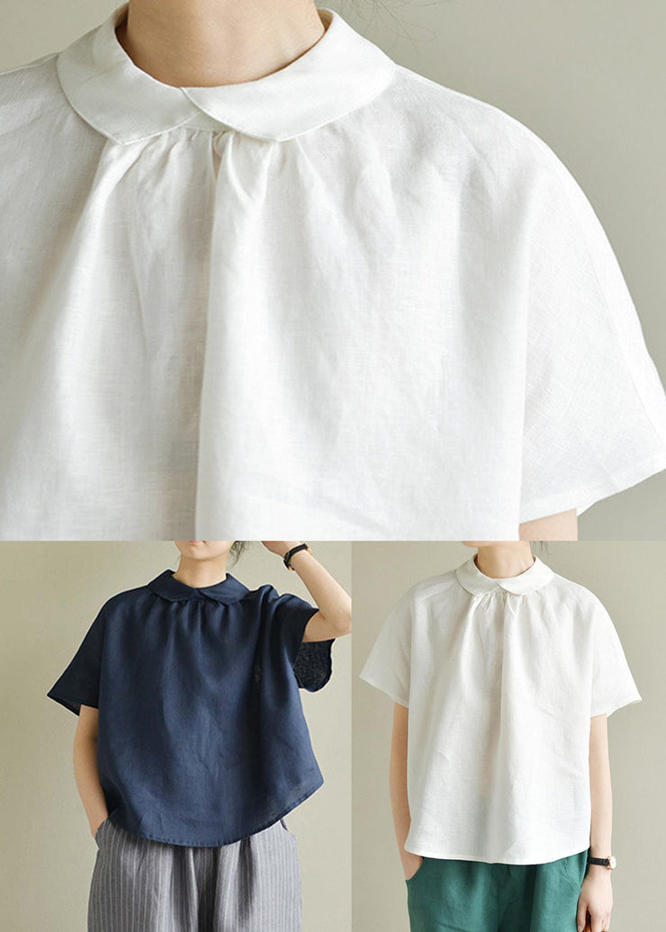 Simple White-flower Peter Pan Collar Solid Linen Shirt Summer