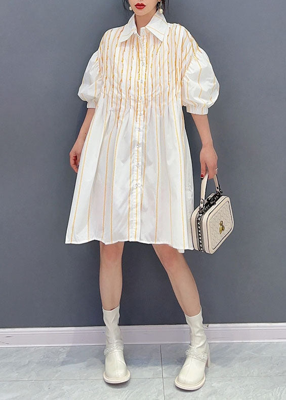 Simple White Peter Pan Collar Striped Cotton Shirts Dress Summer