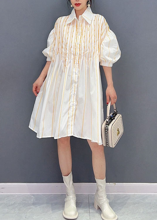 Simple White Peter Pan Collar Striped Cotton Shirts Dress Summer