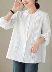 Simple White Peter Pan Collar Wrinkled Cotton Shirt Spring