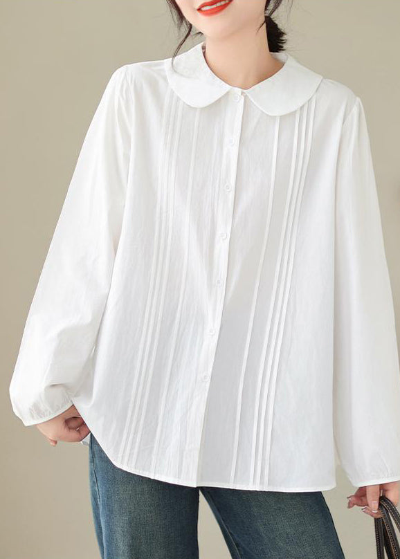 Simple White Peter Pan Collar Wrinkled Cotton Shirt Spring