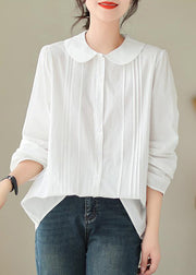 Simple White Peter Pan Collar Wrinkled Cotton Shirt Spring