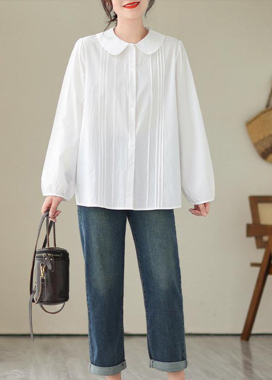 Simple White Peter Pan Collar Wrinkled Cotton Shirt Spring