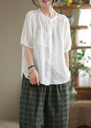 Simple White Pockets Button Patchwork Linen Shirt Top Short Sleeve