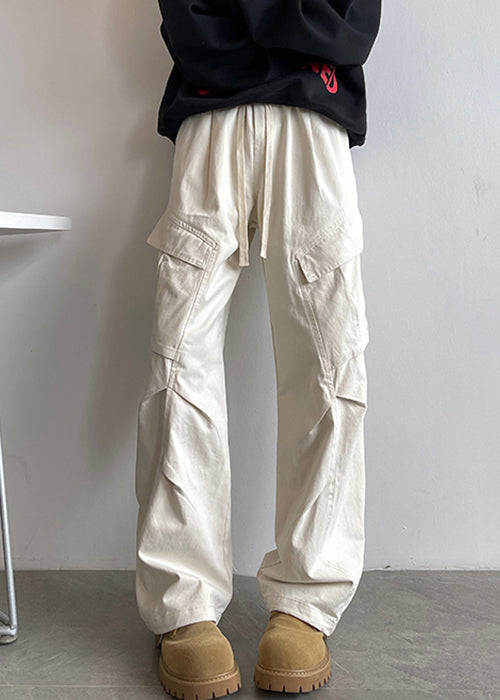 Simple White Pockets Lace Up Elastic Waist Cotton Men Pants Spring