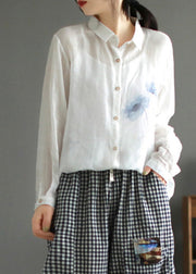 Simple White Print Button Silk Linen Shirt Spring