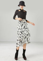 Simple White Print Patchwork Ruffles Chiffon Skirts Summer