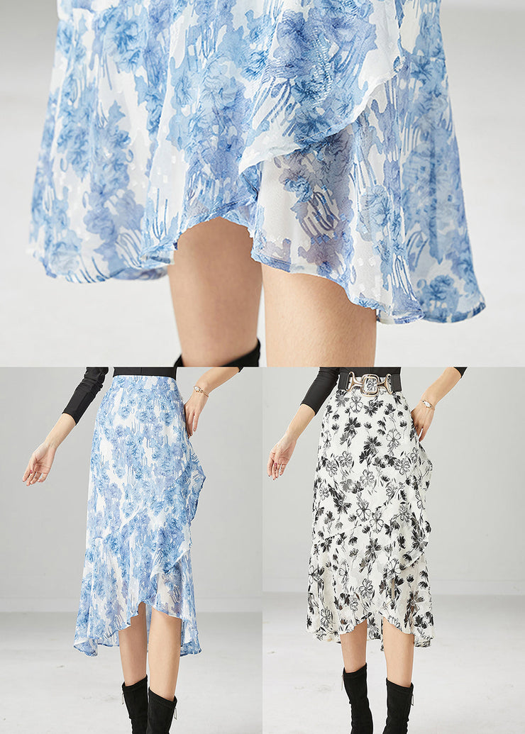 Simple White Print Patchwork Ruffles Chiffon Skirts Summer