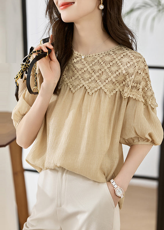 Simple White Puff Sleeve Patchwork Lace Chiffon T-shirts