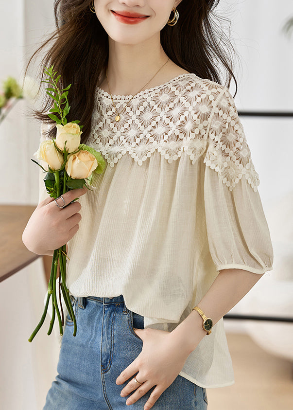 Simple White Puff Sleeve Patchwork Lace Chiffon T-shirts